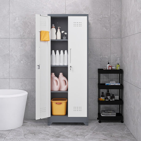 GREATMEET 65" Broom Storage Cabinet, Metal Utility Closet for Brooms and Mops, Cleaning Supply Cabinet with Pegboard, Multifunctional Metal Garage Mop Storage Closet, Grey&White GREATMEET
