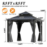 GARTOO 8.5x8.5FT Outdoor Hardtop Gazebo - Aluminum Heavy-Duty Galvanized Steel Top Gazebo with Breathable Netting & Privacy Curtain, Double Roof Gazebos for Patio, Porch, Garden, Lawn, Deck, Backyard GARTOO