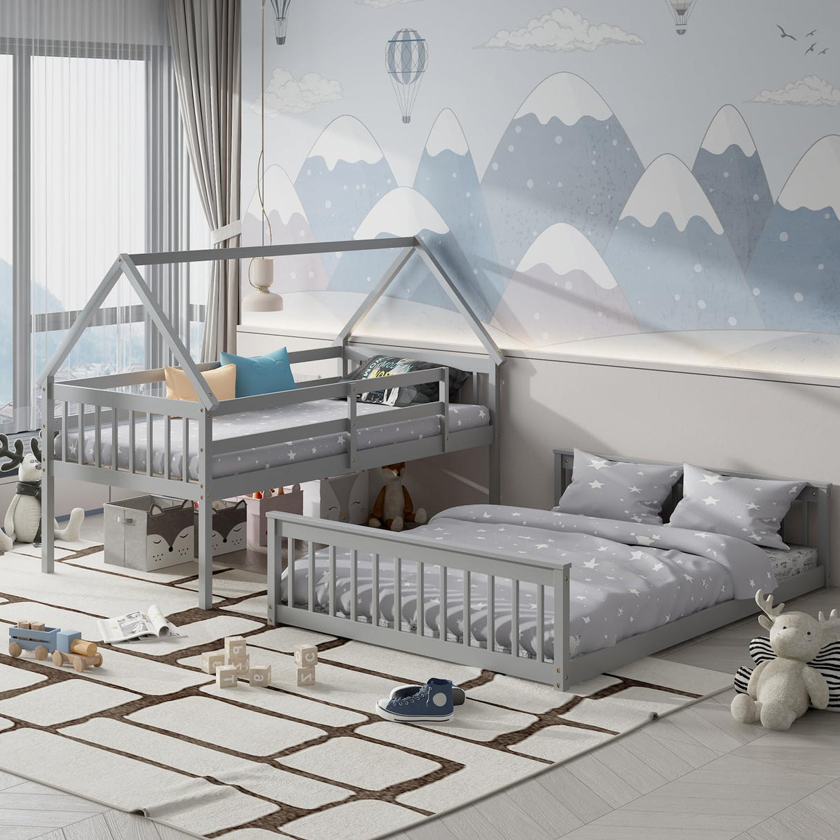 Giantex Wood Twin Over Full Bunk Bed, Solid Wood House Bed Frame Built in Ladder & Safety Guardrails, Convertible to 2 Beds, Floor Bunk Bed for Kids Teens Juniors, No Box Spring Needed, Grey Giantex