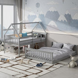 Giantex Wood Twin Over Full Bunk Bed, Solid Wood House Bed Frame Built in Ladder & Safety Guardrails, Convertible to 2 Beds, Floor Bunk Bed for Kids Teens Juniors, No Box Spring Needed, Grey Giantex