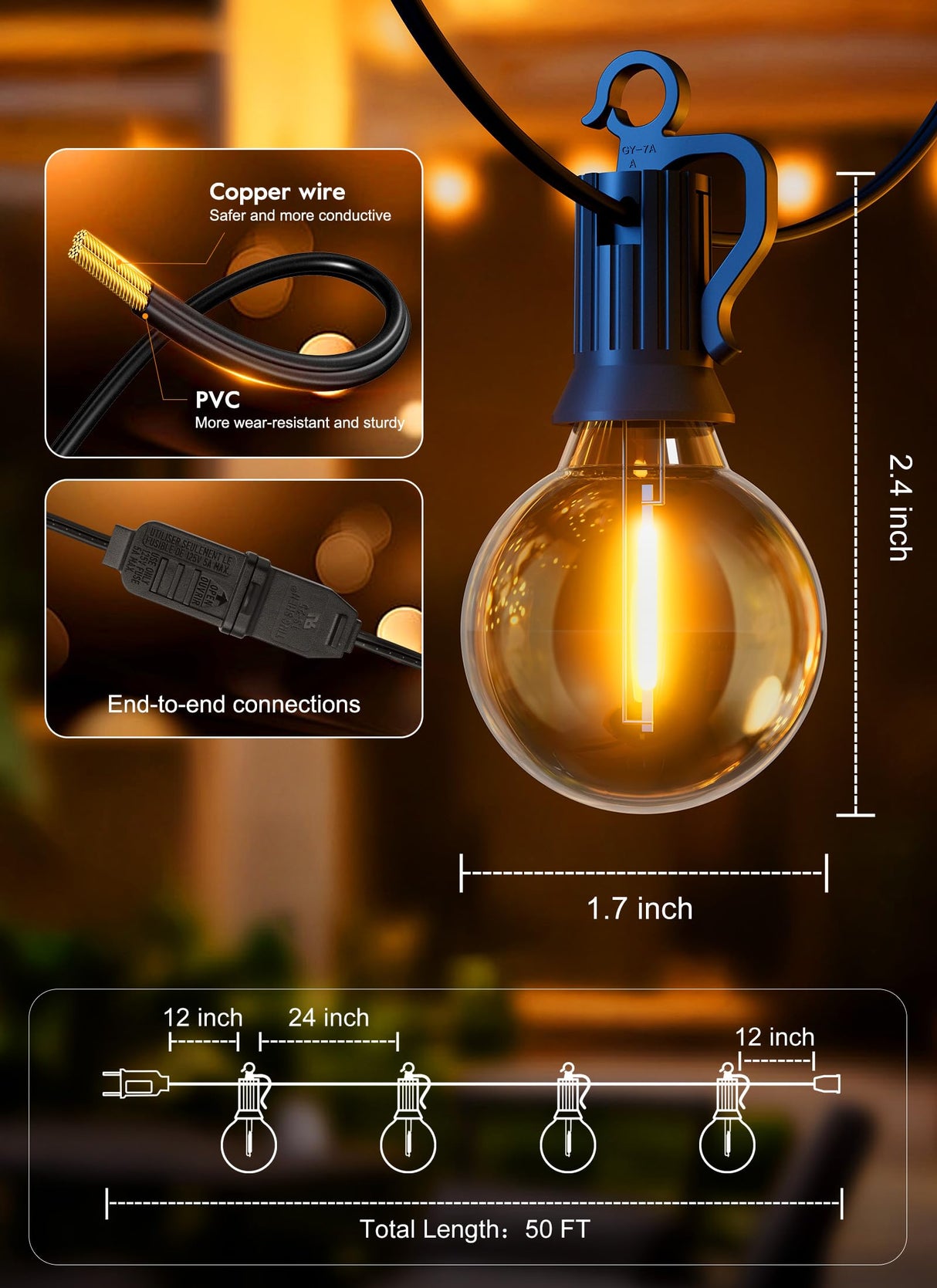 Brightown Outdoor String Lights - Connectable Dimmable LED Patio String Lights with G40 Globe Plastic Bulbs, All Weatherproof Hanging Lights for Outside Backyard Porch (50 ft - 25 LED Bulbs) Brightown
