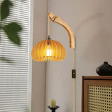 Wood Lantern Plug in Wall Sconces, Wicker Brackets Wall Lamp with Plug in Cord Hand Woven Rattan Bedside Reading Light, Wooden Globe Pumpkin Shade Hemp Rope Hanging Lamp for Living Room Bedroom ArcoMead