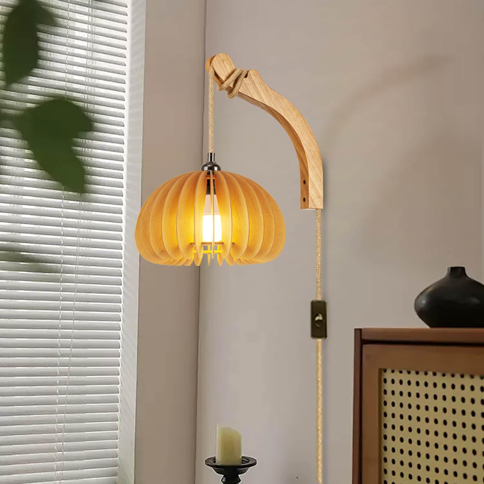 Wood Lantern Plug in Wall Sconces, Wicker Brackets Wall Lamp with Plug in Cord Hand Woven Rattan Bedside Reading Light, Wooden Globe Pumpkin Shade Hemp Rope Hanging Lamp for Living Room Bedro - WoodArtSupply