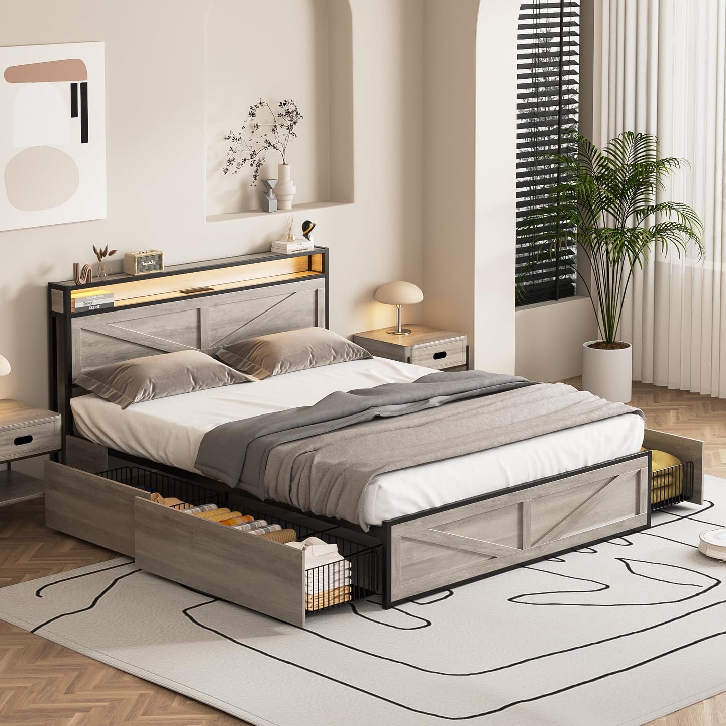 Halitaa Full Size Metal Bed Frame with LED Lights, Charging Station & 4 Storage Drawers in Wash Grey - WoodArtSupply