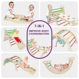 7in1 Rainbow Pikler Triangle Set Foldable Montessori Climber, Wooden Climbing Toys with Sliding Ramp&Arch Rocker for Kids,Climbing Indoor Playground Set for Toddlers Volscity