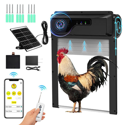 1080P HD Camera Solar Automatic Chicken Coop Door, 5000 mAh Battery, Support WiFi, APP Remote Control, Timer, Anti-Trap Infrared Sensor and Alarm Driver Function, Easy to Install and Use.