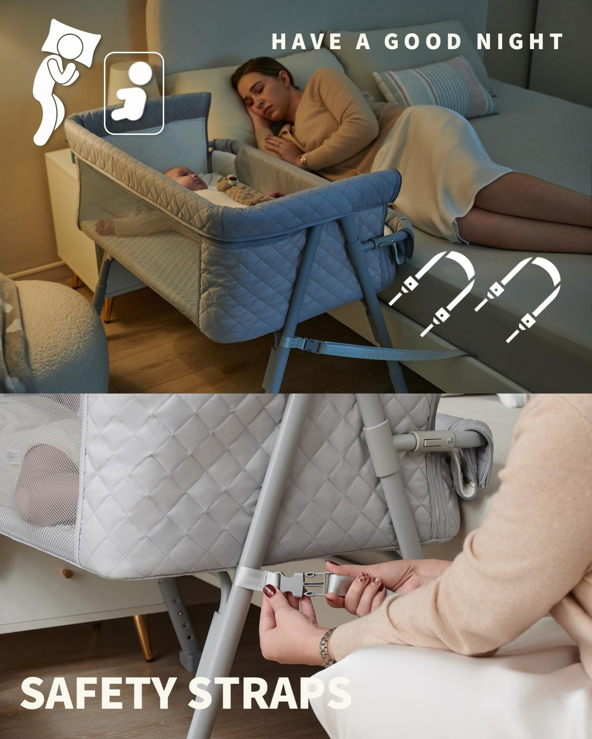 AirClub Bassinet Bedside Sleeper, Baby Bed Crib for Newborn, Bedside Crib Sleeper with 4 Auto-Lock & Adjustable Height, Breathable Mesh&Mattress AirClub