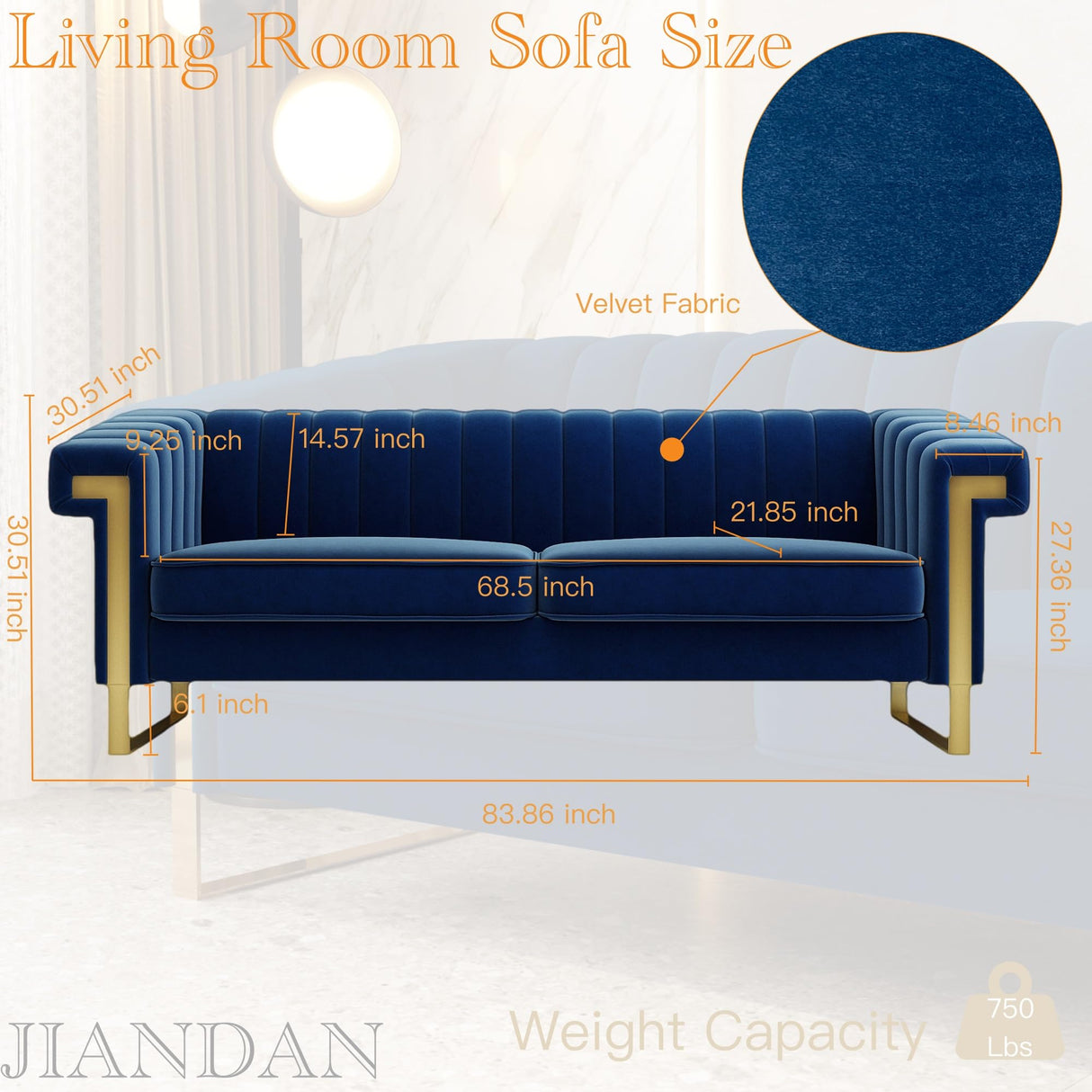 yunqishi Mid-Century Modern Blue Velvet Sofa with Gold Metal Legs, 83.86" Luxury Chesterfield Comfy Couches for Living Room (Velvet, Blue) yunqishi