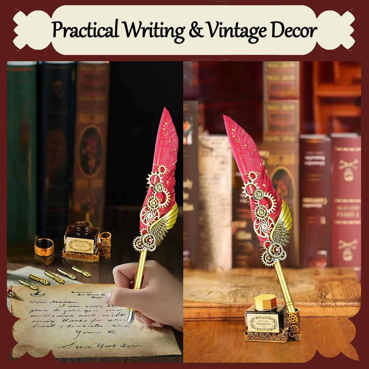 Feather Quill Pen and Ink Set,Antique Calligraphy Set with Leather Journal Notebook,Feather Pen,5 Gold Nibs,Pen Holder,Ink,Calligraphy Kits for Beginners Christmas Gift GrnVibe