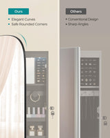 SONGMICS Jewelry Organizer, LED Jewelry Cabinet Wall or Door Mounted, Lockable Rounded Wide Mirror with Storage, Interior Mirror, 3.9 x 16.5 x 42.5 Inches, Black Surface with Black Lining SONGMICS