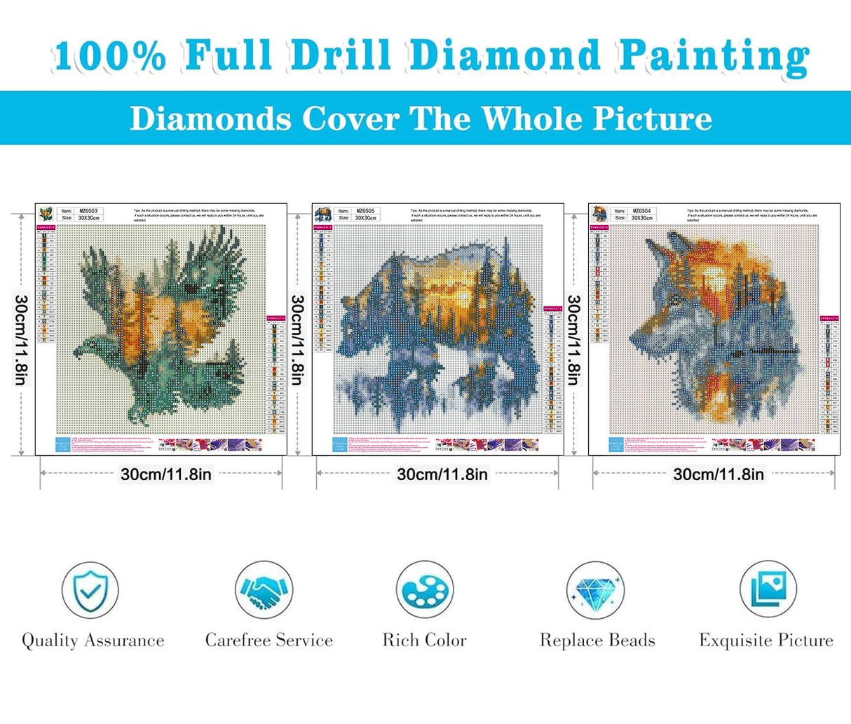Meothan 3 Pack Diamond Painting Kits for Adults, Wild Animals Diamond Art Kits for Adults Beginners, 5D DIY Paint with Diamonds Gem Art Dots Set for Home Wall Decor 12 x 12 Inch (Bear Wolf and Eagle) Meothan