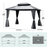 YITAHOME 10x12ft Gazebo Hardtop with Nettings and Curtains, Heavy Duty Double Roof Galvanized Steel Outdoor Combined of Vertical Stripes Roof for Patio, Backyard, Deck, Lawns, Gray YITAHOME