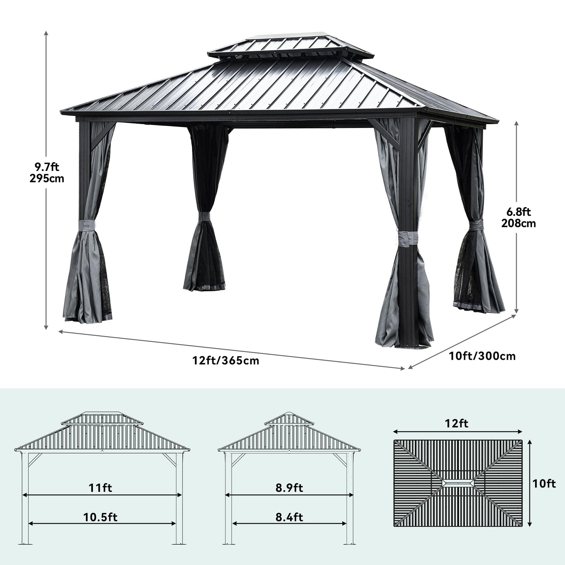 YITAHOME 10x12ft Gazebo Hardtop with Nettings and Curtains, Heavy Duty Double Roof Galvanized Steel Outdoor Combined of Vertical Stripes Roof for Patio, Backyard, Deck, Lawns, Gray - WoodArtSupply