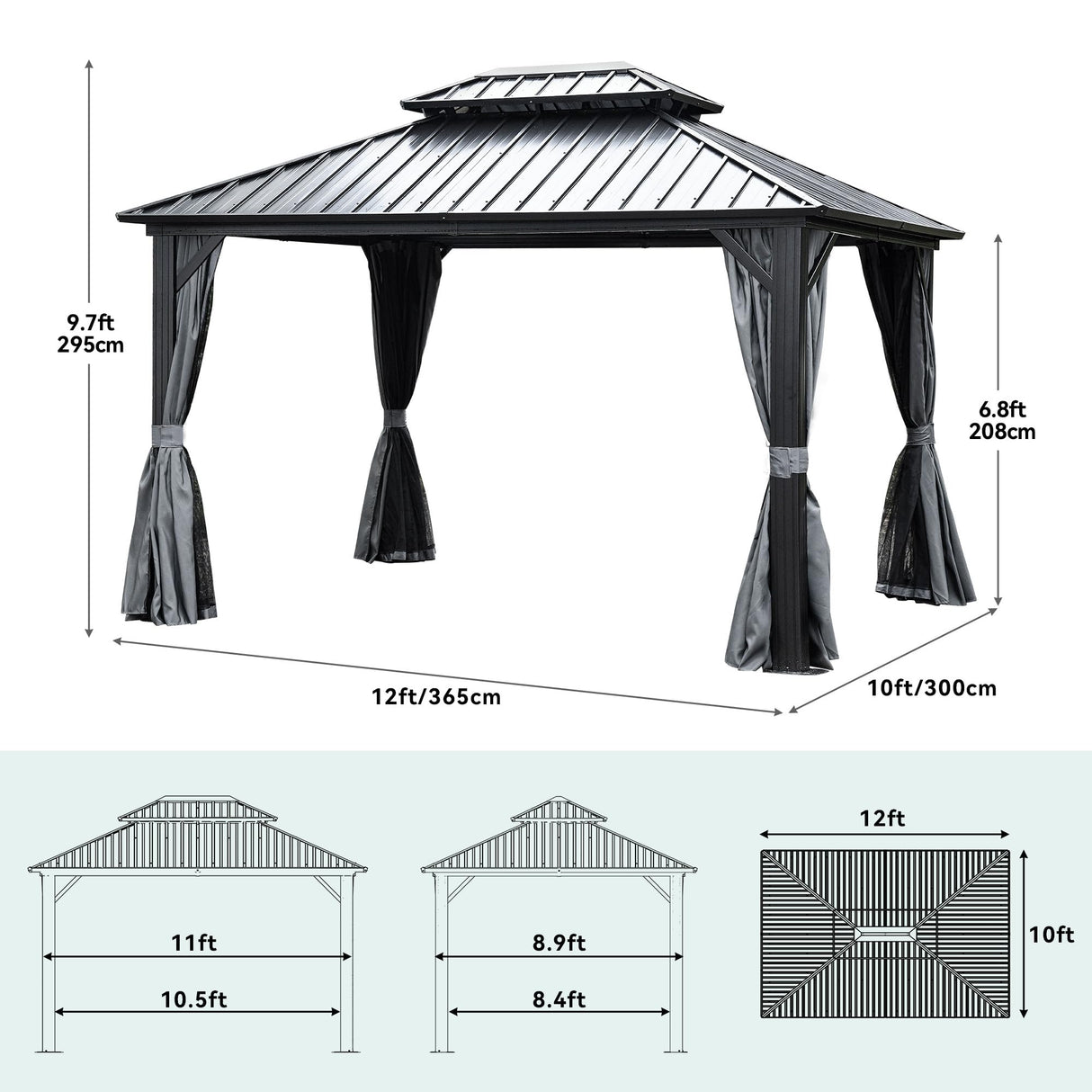 DWVO 10x12ft Hardtop Gazebo Double Roof with Nettings and Curtains, Heavy Duty Galvanized Steel Outdoor Vertical Stripes Roof for Patio, Backyard, Deck, Lawns, Grey DWVO