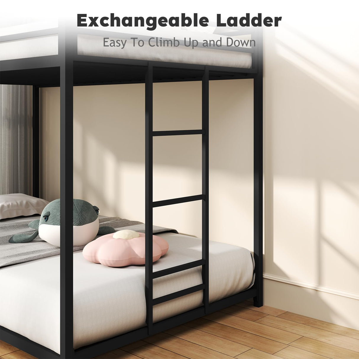 Zevemomo Low Twin Over Twin Bunk Bed for Kids, Metal Bed Frame with Built-in Ladder, High Top Protect, Floor Bed Bottom Bunk, Space Saving, No Boxing Spring Needed, Black Zevemomo