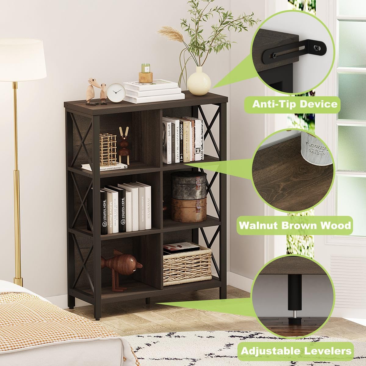 FATORRI 6 Cube Storage Organizer Shelf, Rustic Wood and Metal Cubby Bookcase, Industrial 4 Tier Cube Bookshelf (Walnut Brown) FATORRI