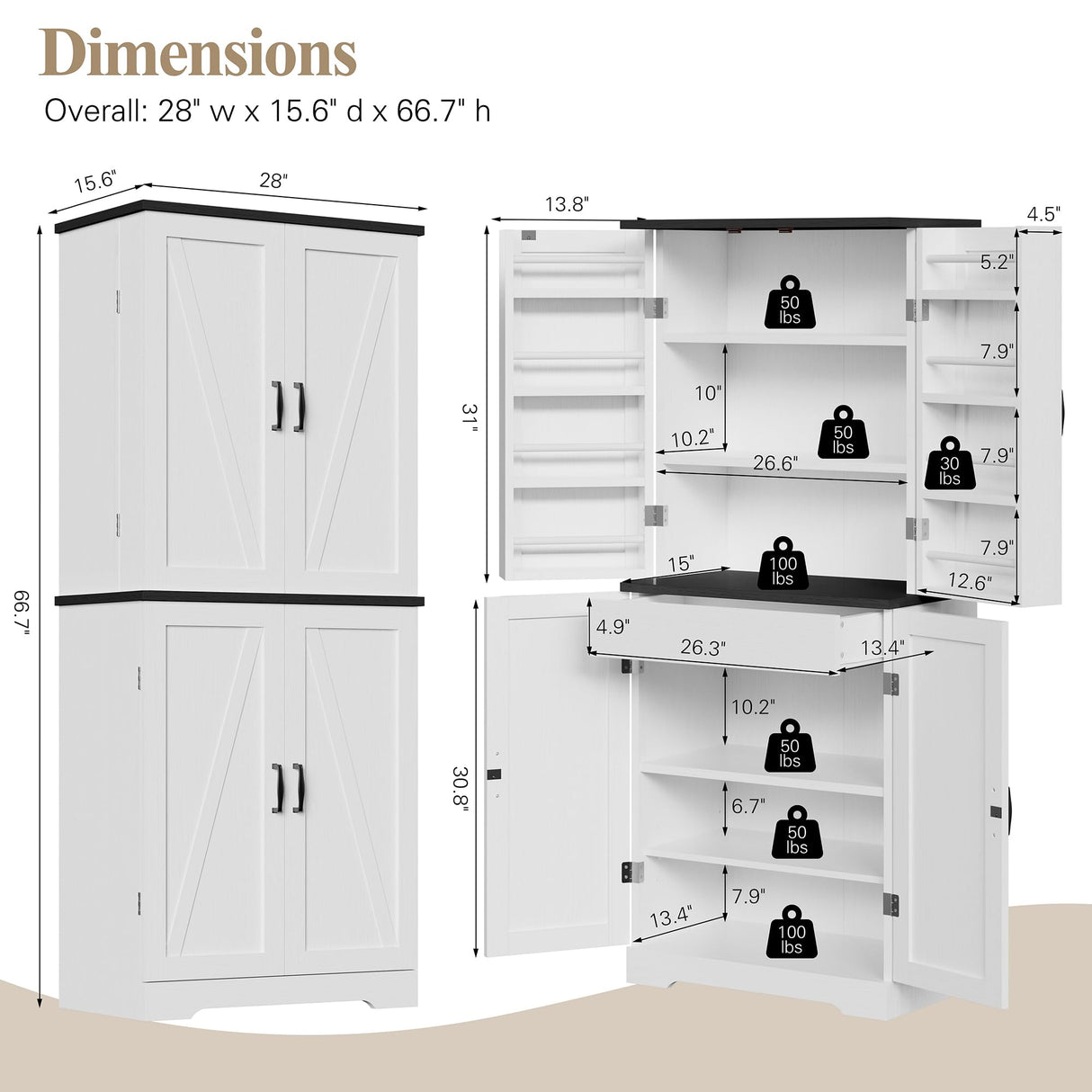 Vongrasig Kitchen Pantry Storage Cabinet with Barn Doors, Drawer and Adjustable Shelves, 6-Tier Tall Rustic Wood Cupboard Locker for Kitchen, Dining Room, Living Room, Bathroom, (White) Vongrasig