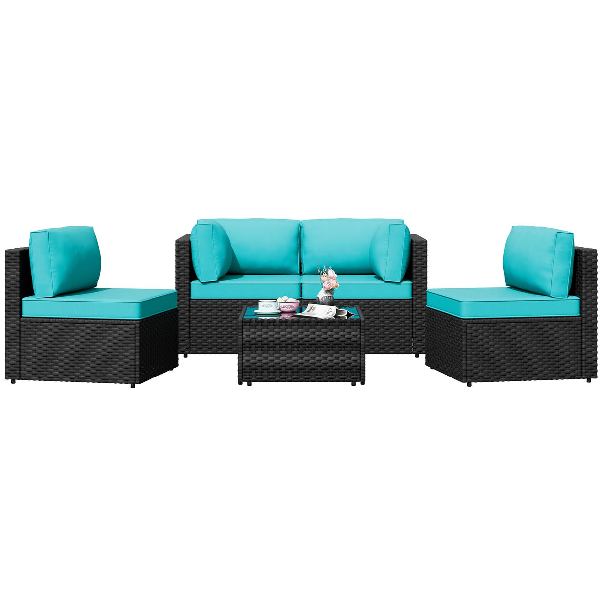 Shintenchi 5 Pieces Outdoor Patio Sectional Sofa Couch, Black PE Wicker Furniture Sets, Patio Conversation Sets with Washable Cushions Glass Coffee Table for Garden, Poolside, Backyard,Blue Shintenchi