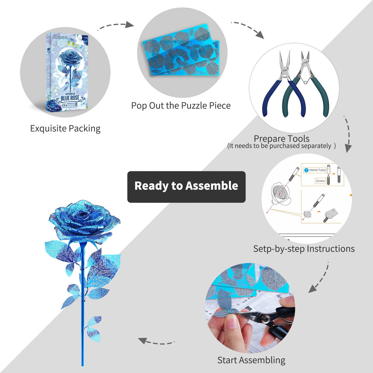 Piececool 3D Metal Puzzles Rose Flower Model Kits, Artificial Fake Flowers Metal Building Blocks DIY 3D Puzzle for Adults, for Father Mothers Valentines Day, 15Pcs Piececool