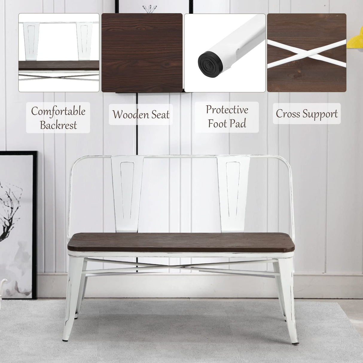 YOLENY Dining Bench, Entryway Bench with Back, Farmhouse Metal Dining Bench, Industrial Mid-Century 3 Person Rustic Spindle Bench, with Wood Seat, Removable Backrest, 42in, White YOLENY