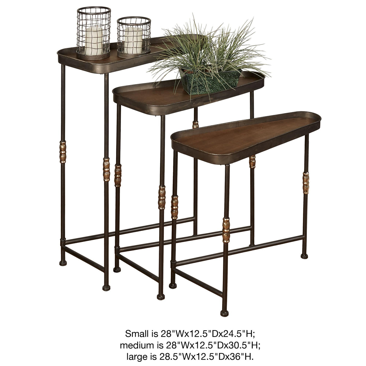 Bronwyn Metal and Wood Nesting Tables Dark Bronze Finish 28, 30.5 and 36 Inches Tall Set of 3 Touch of Class