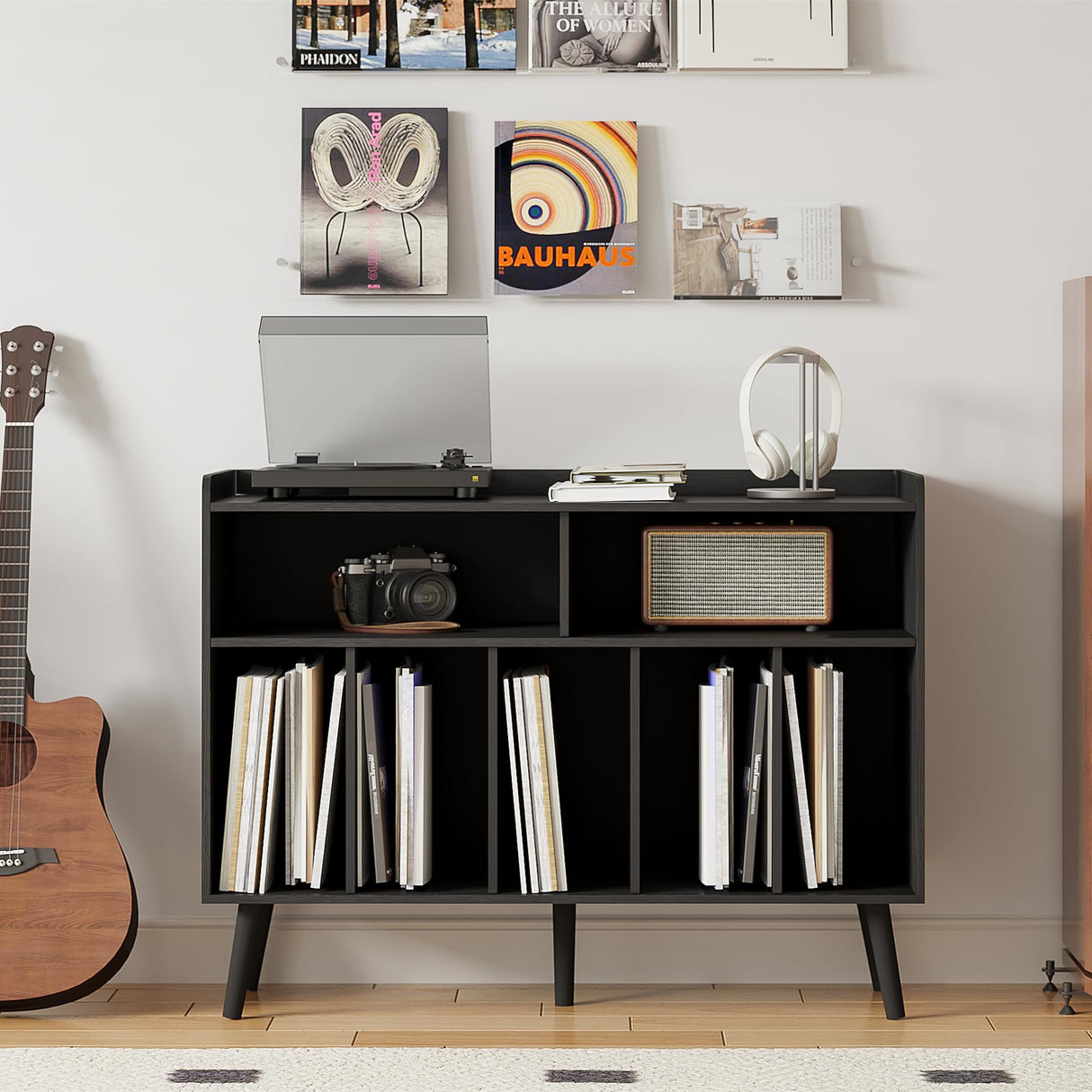 ChooChoo Record Player Stand, Turntable Stand with Vinyl Storage, Record Player Cabinet Up to 350 Albums, Cube Storage Organizer for Living Room, Black ChooChoo