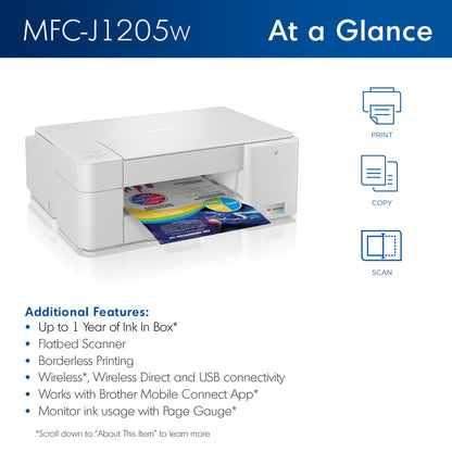 Brother MFC-J1205W INKvestment -Tank Wireless Multi-Function Color Inkjet Printer with Up to 1-Year in Box, White