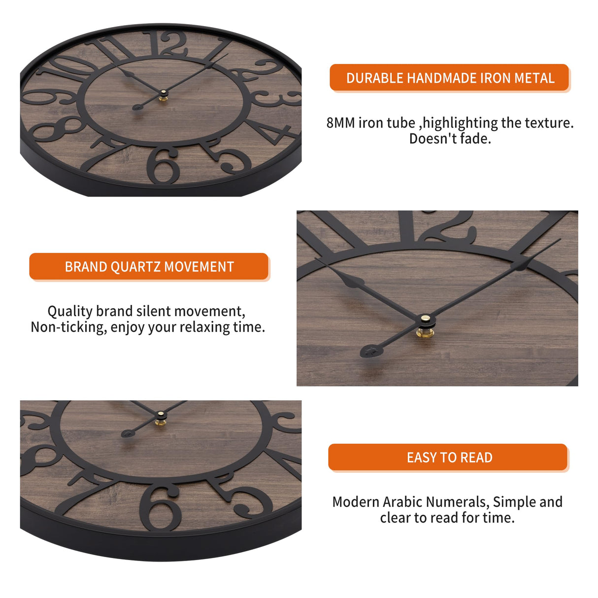 LEIKE Large Wall Clock,Silent,Non Ticking,Battery Operated Round Modern Big Wood Wall Clocks for Living Room, Bedroom,Kitchen,Farmhouse,Office,Rustic Home Decor-16 Inch/40CM-Black-Arabic Number LEIKE