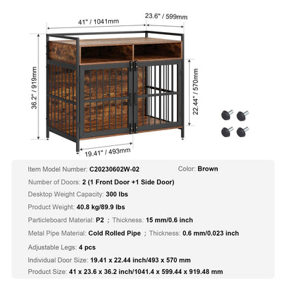 VEVOR Furniture Style Dog Crate with Storage, 41 inch Dog Crate Furniture Large Breed with Double Doors, Wooden Dog Cage for Large/Medium Dog Indoor, Hold up to 70 lbs, Rustic Brown - WoodArtSupply