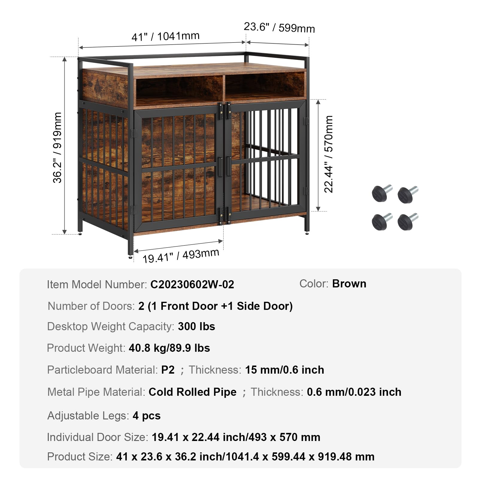 VEVOR Furniture Style Dog Crate with Storage, 41 inch Dog Crate Furniture Large Breed with Double Doors, Wooden Dog Cage for Large/Medium Dog Indoor, Hold up to 70 lbs, Rustic Brown - WoodArtSupply