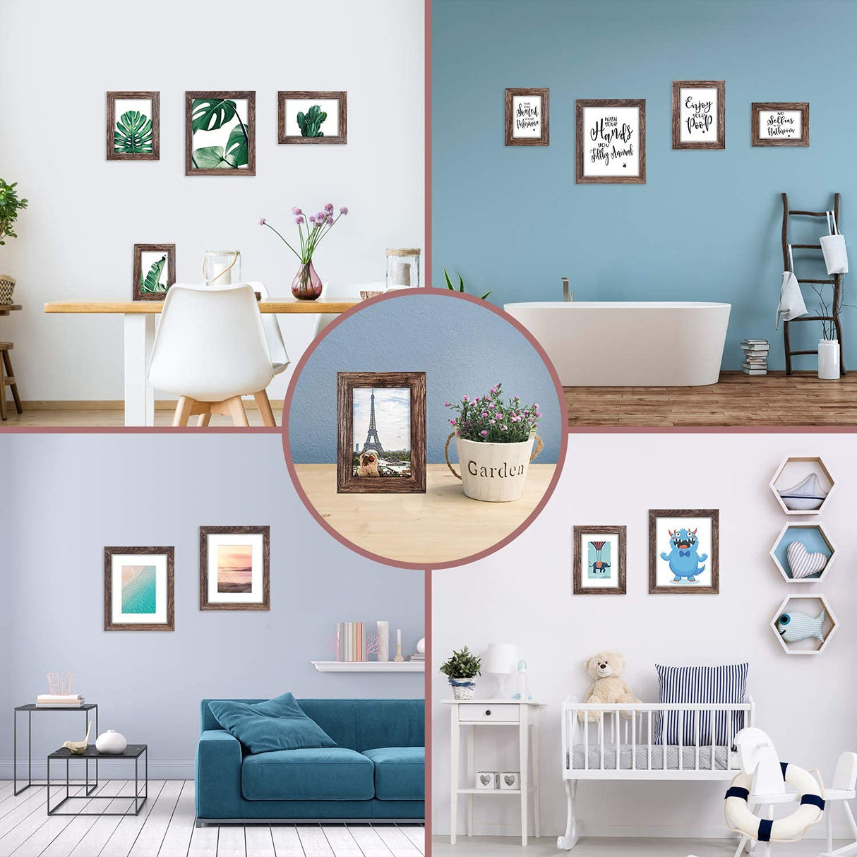 Q.Hou 5x7 Picture Frame Wood Pattern Rustic Brown Photo Frames Packs 4 with High Definition Plexiglass for Tabletop or Wall Decor (QH-PF5X7-BR) Q.Hou