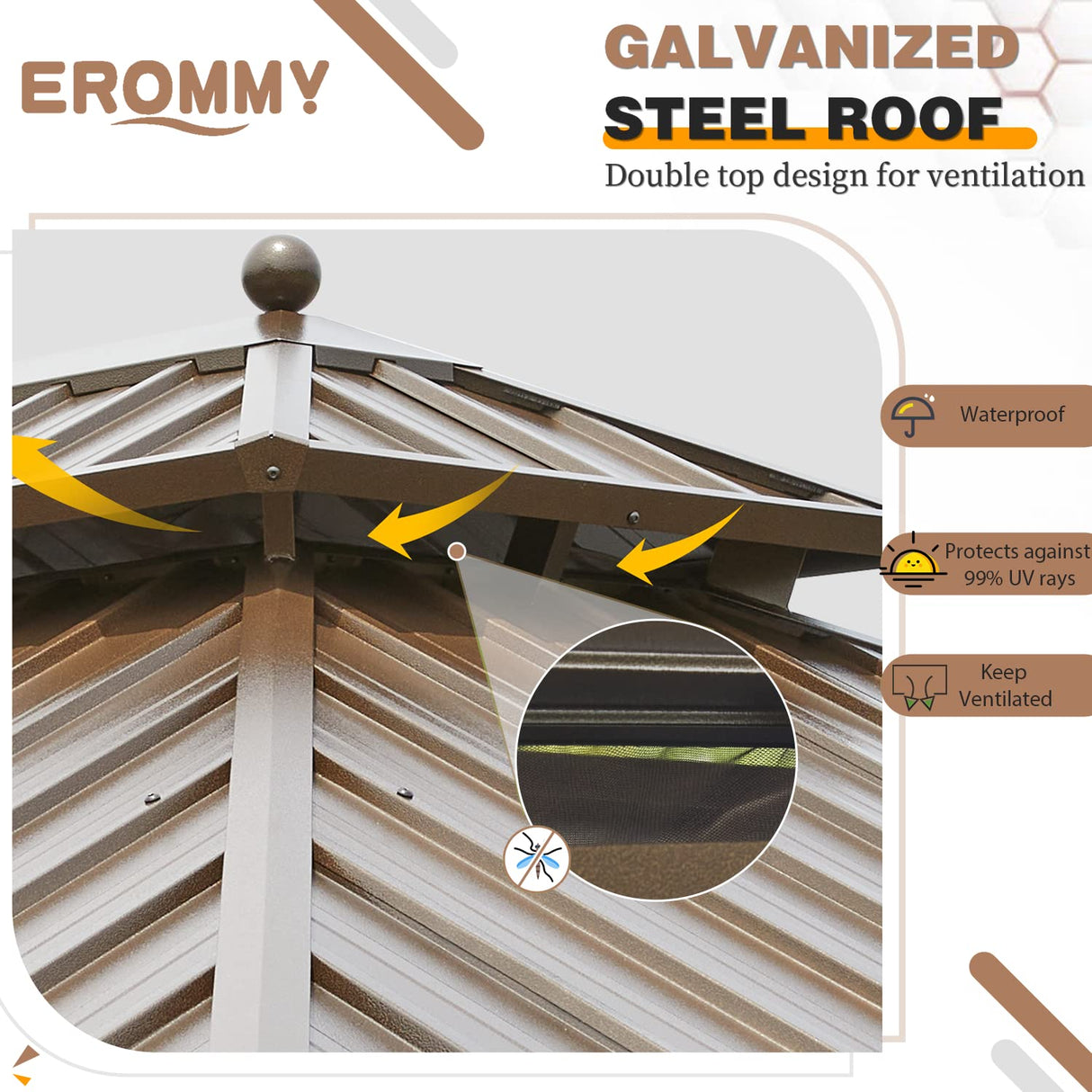 EROMMY 10'x13' Hardtop Gazebo Double Roof Galvanized Steel Canopy Outdoor Aluminum Frame Permanent Metal Pavilion with Netting and Curtains for Patio Backyard Deck and Lawns EROMMY