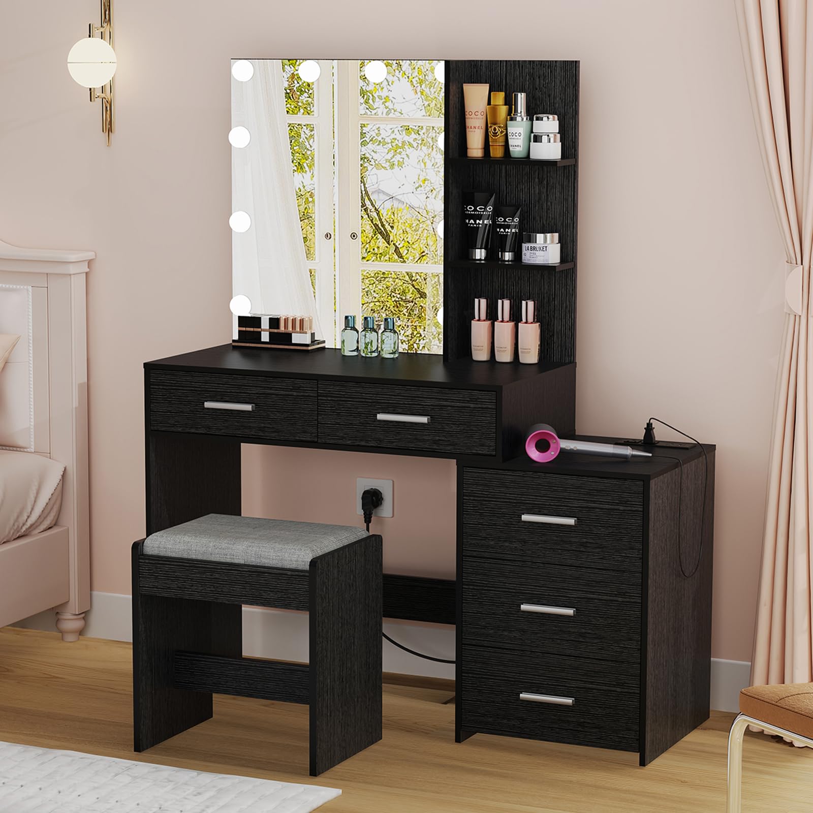 usikey Large Vanity Desk with Mirror & 10 LED Lights, Makeup Vanity Dressing Table with Power Strip, Storage Shelves & 5 Drawers, Vanity Table Set with Cushioned Stool for Women Girls, Black - WoodArtSupply