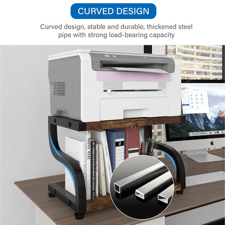 PUNCIA 2 Tiers Small Retro Wood Home Office Desktop Printer Stand Laser Printer Copier Stand with Storage Rustic Tabletop Heavy Duty Organizer Rack Shelf Desk Dual for Small Space Double Tiers Tray PUNCIA