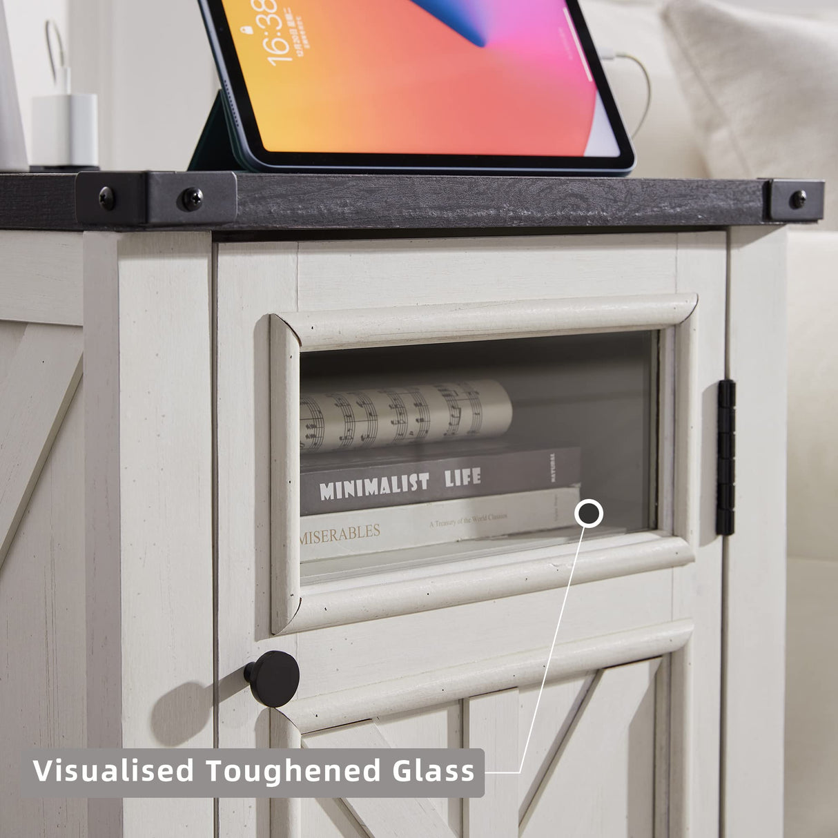 JXQTLINGMU Farmhouse End Table with Charging Station, 18'' Rustic Nightstand with Barn Door & Adjustable Shelf, Wooden Sofa Side Table with 3-Tier Storage for Living Room, Bedroom, White JXQTLINGMU