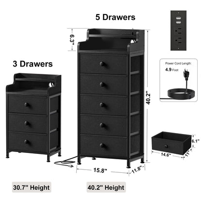 REAHOME Dresser for Bedroom with Charging Station and LED Lights, 5 Drawers Dresser Black Chest of Drawers with Shelves, Tall Night Stand with Sturdy Steel Frame & Wood Top for Bedroom - Blac - WoodArtSupply