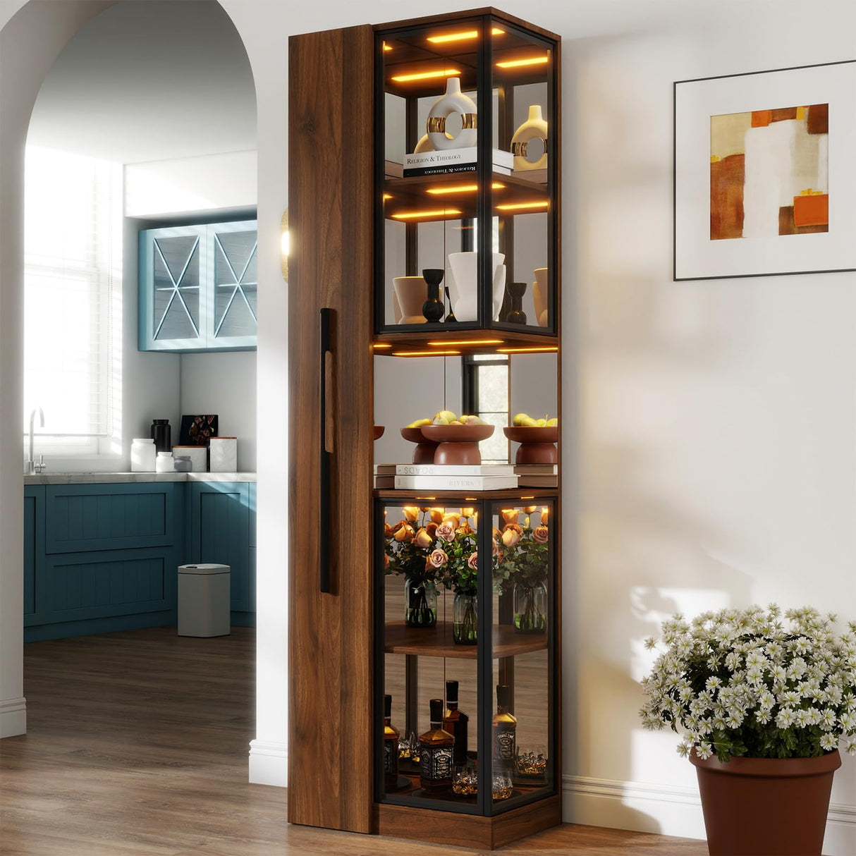 Display Cabinet with Double Glass Door, Diagonal Mirror, 6-Tier Pull-Out Shelf & Cordless Rechargeable LED 70'' Tall Lighted Display Cabinet for Curio, Collectibles with Storage Wood Finish Brown JOYSOURCE