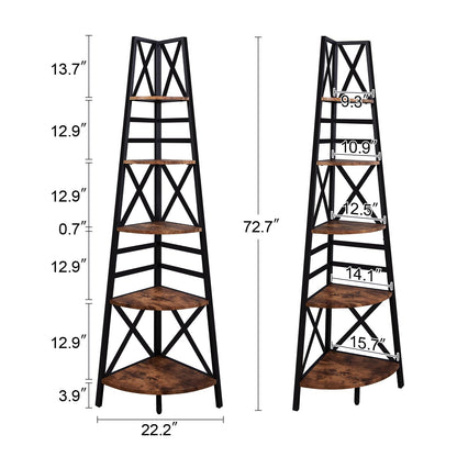 HOMBAZAAR 72-Inch Rustic Brown 5-Tier Corner Bookshelf with Metal Frame - WoodArtSupply