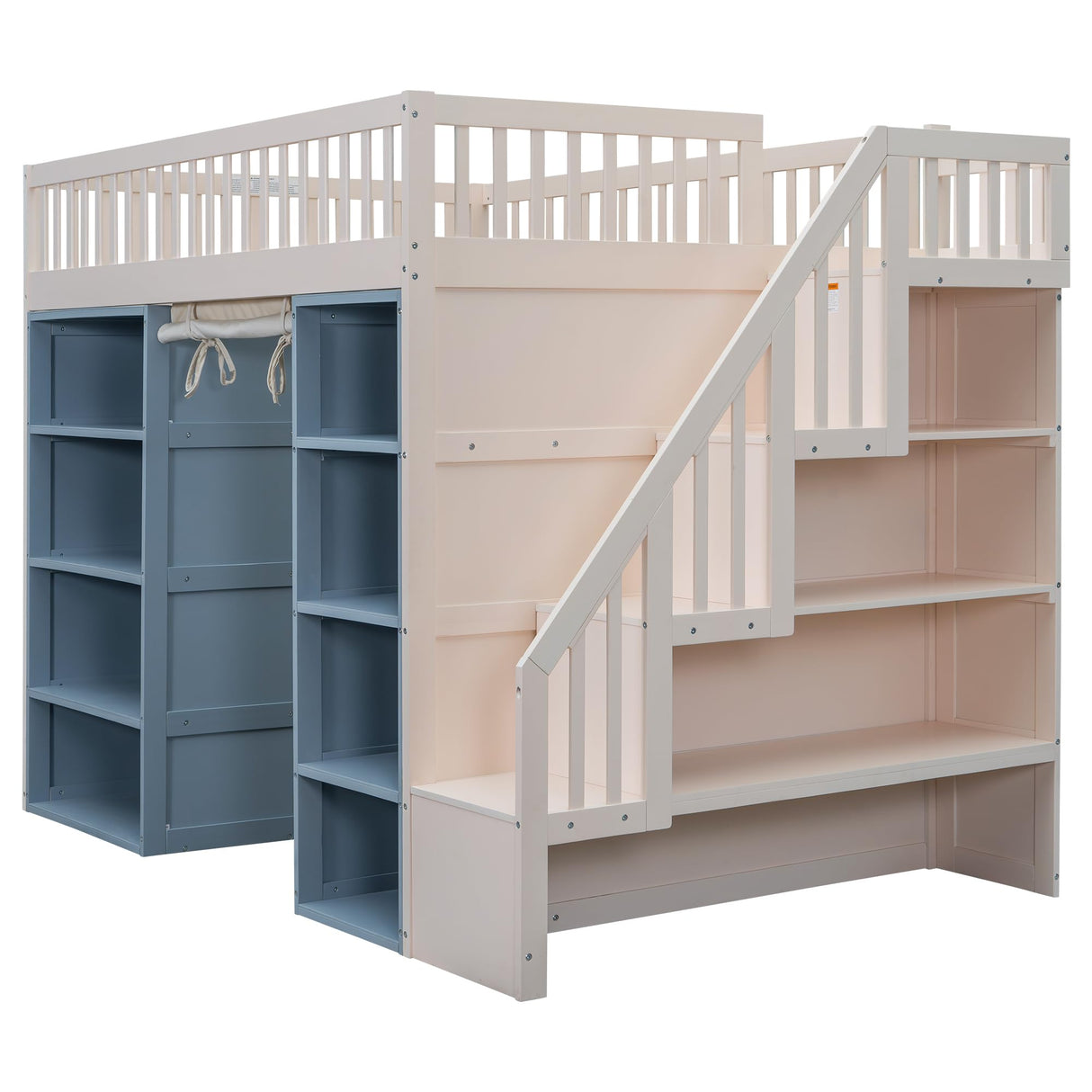 Merax Full Size Loft Bed with 2 Four-Layer Racks and Storage Staircase, Wooden Bed Frame with Curtain and Storage Cabinets, No Box Spring Needed, White+Blue Merax