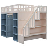 Merax Full Size Loft Bed with 2 Four-Layer Racks and Storage Staircase, Wooden Bed Frame with Curtain and Storage Cabinets, No Box Spring Needed, White+Blue Merax