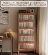 Solid Wood Book Case 5 Tier Bookcase with Tempered Clear Glass Flip-Up Doors Bookshelves Brown Natural Wood Bookshelf Versatile Pantry Cabinet with Storage Home Office (Log Color D14xW32xH72 inch) AnywaysWood