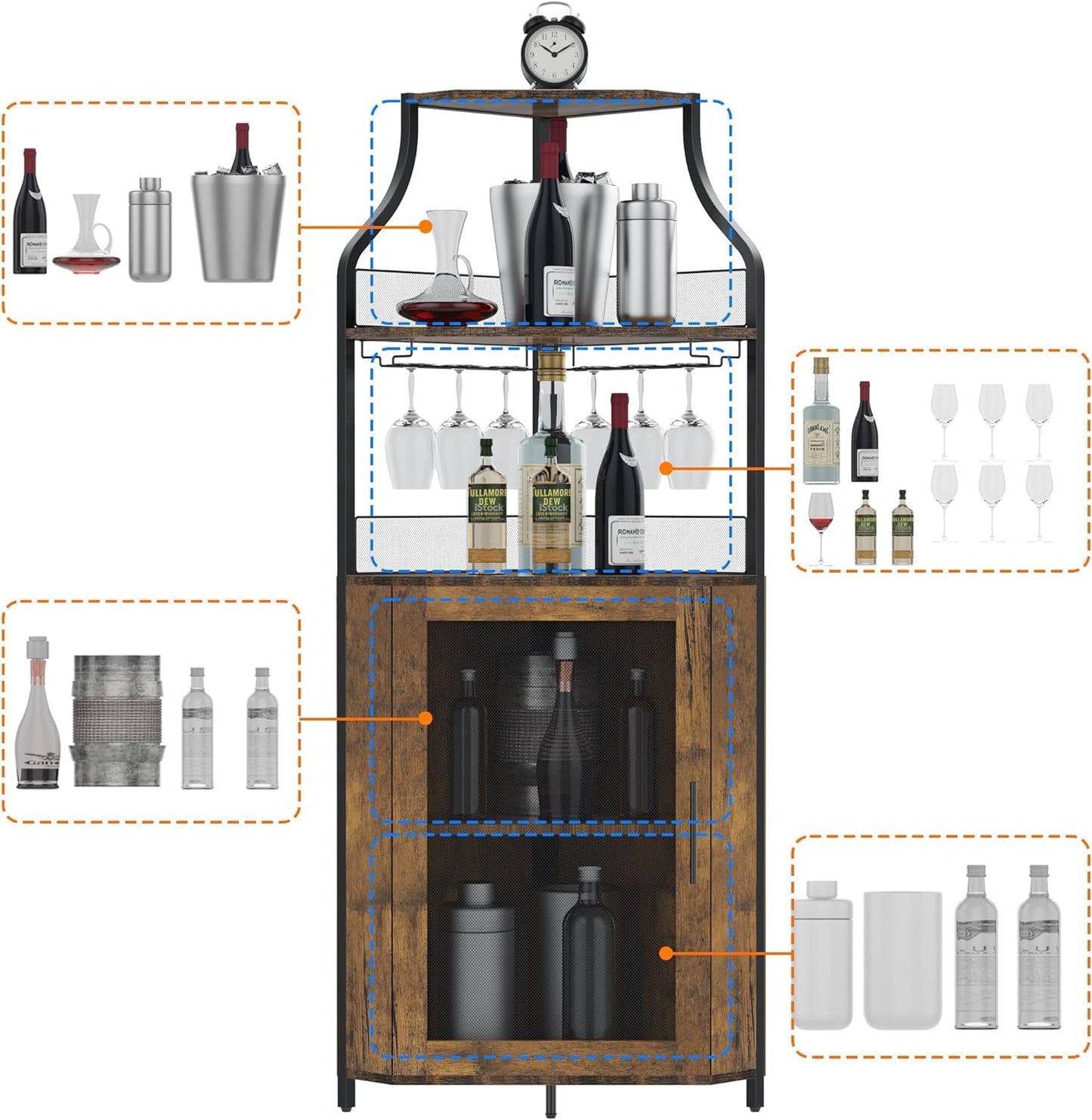 GAOMON Corner Wine Cabinet with Removable Wine Rack, Wine Cabinet and Wine Glass Bar Cabinet with Glass Rack and Mesh Door, Wine Cabinet with Reasonable Functional Partitioning (Retro Brown)