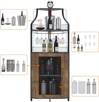 GAOMON Corner Wine Cabinet with Removable Wine Rack, Wine Cabinet and Wine Glass Bar Cabinet with Glass Rack and Mesh Door, Wine Cabinet with Reasonable Functional Partitioning (Retro Brown)