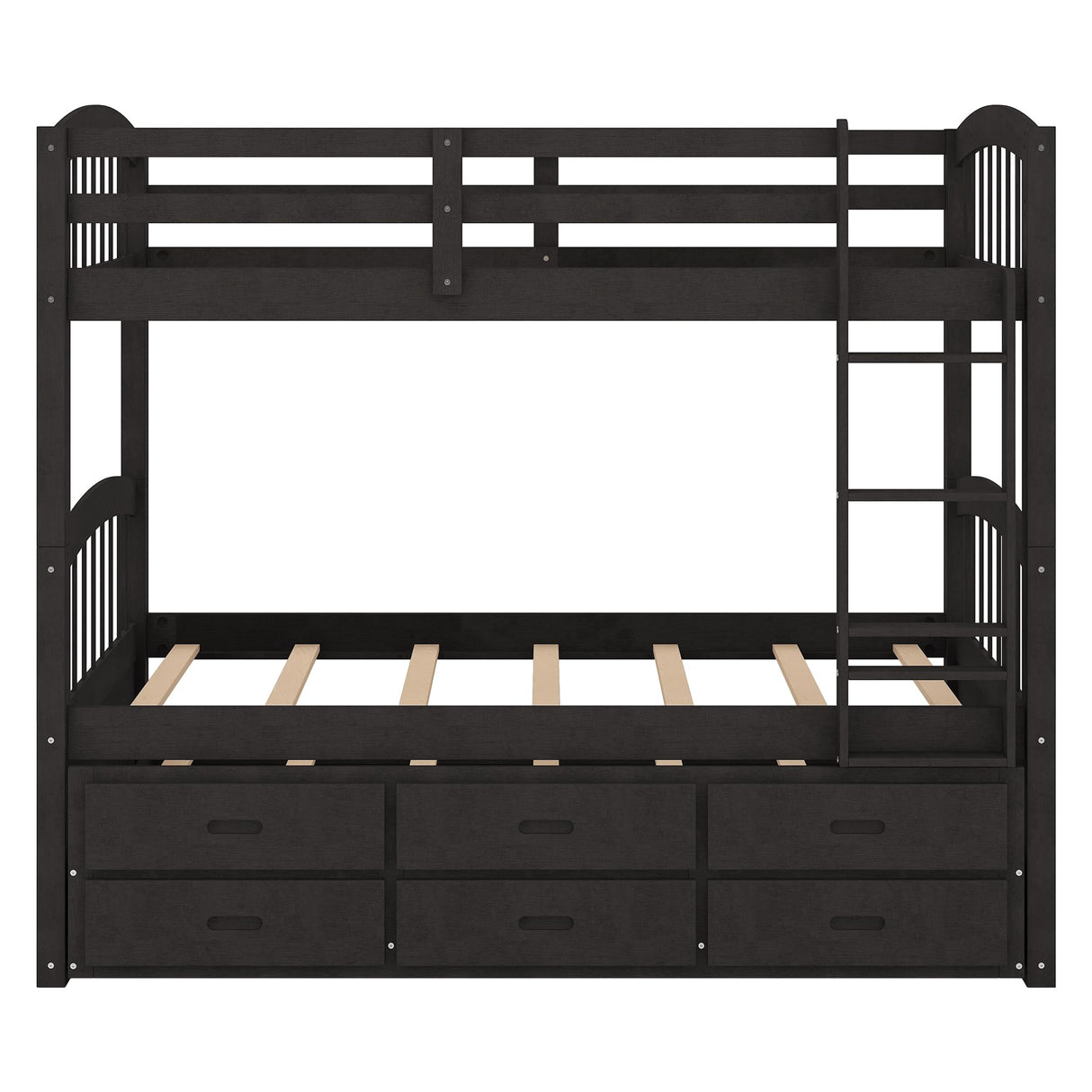 Ball & Cast Twin Over Twin Bunk Bed with Trundle & 3 Drawers, Convertible Solid Wood Bed Frame with Ladder & Full Length Guardrails, Detachable Bunk Beds for Kids,Teens,Space Saving, Espresso Ball & Cast