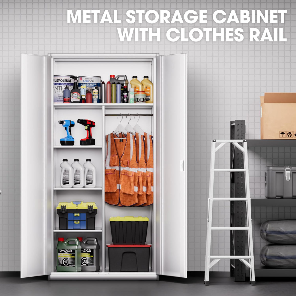 DNA MOTORING Metal Storage Cabinet, 72" Storage Wardrobe with Lock and Hanging Rod, Locking Cabinet Heavy Duty Utility Cabinet with 4 Shelves for Garage,Office,Home,Gym, White, TOOLS-00633-WH-WH DNA MOTORING