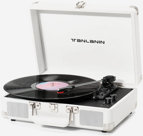 Record Player with Built-in Stereo Speakers 3-Speed Bluetooth Portable Suitcase Vinyl Record Player Treble & Bass Gain Belt Drive Vintage Turntable AUX Line-in/Out, White TANLANIN