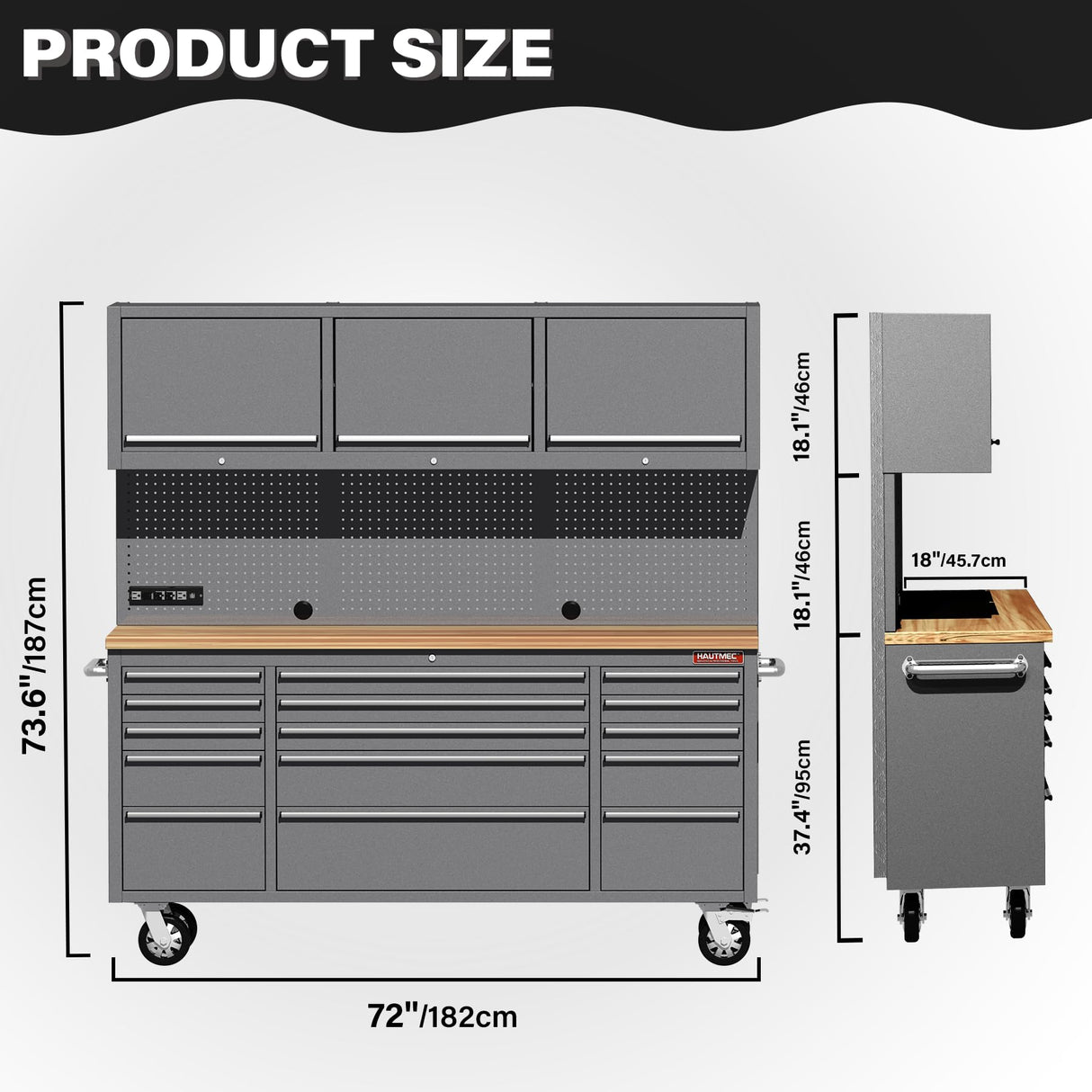HAUTMEC 72" Rolling Tool Chest, Mobile Garage Workbench, Heavy-Duty Tool Cabinet on Wheels with 15 Drawers, 3 Upper Cabinets, Pegboard & 51 Hooks, Oak Work Surface & Power Strip – HT0428 HAUTMEC