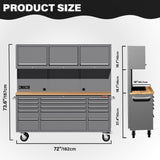 HAUTMEC 72" Rolling Tool Chest, Mobile Garage Workbench, Heavy-Duty Tool Cabinet on Wheels with 15 Drawers, 3 Upper Cabinets, Pegboard & 51 Hooks, Oak Work Surface & Power Strip – HT0428 HAUTMEC
