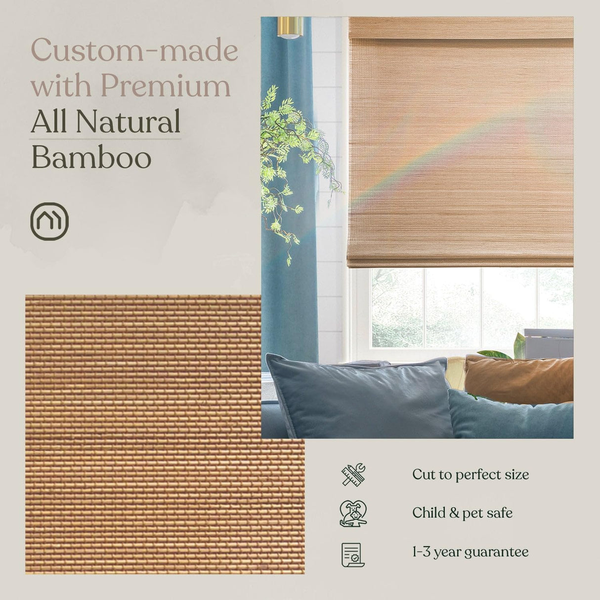 MOOD Custom Bamboo Shades | Woven | Cordless Bamboo Roman Shades for Windows and Doors (Natural Woven) | Woven Hickory Wood (Sheer) | 31" W x 60" H Mood