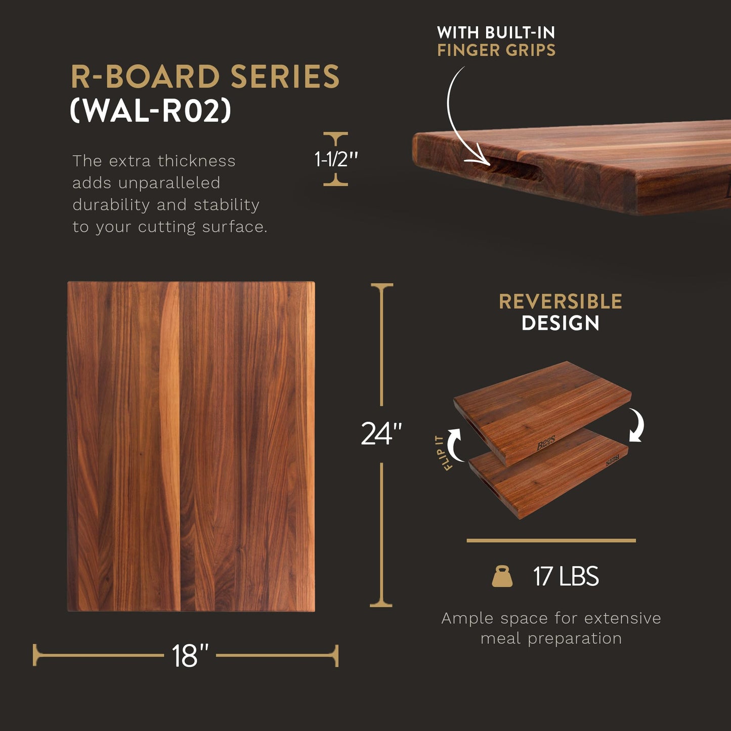 John Boos Block R-Board Reversible Wood Cutting Board, 24"x18"x1.5", Walnut